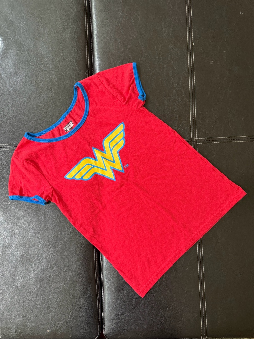 Justice League - Girl’s Wonder Woman Red Short Sleeve Tee with Blue Trim